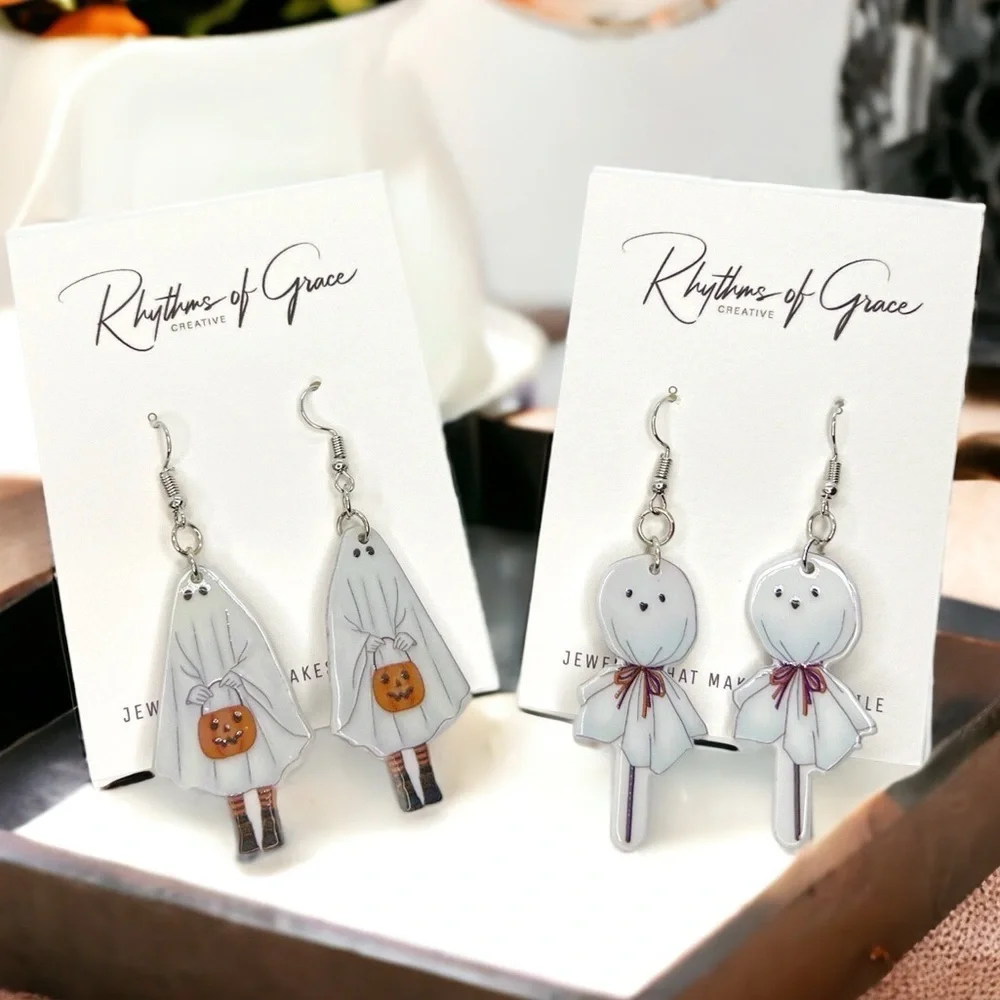 Brand New SET OF TWO Retro Ghost Earrings - Halloween Jewelry, Handmade